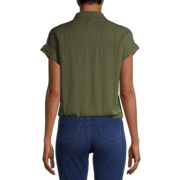 No Boundaries Womens Juniors Sea Turtle Green Button Front Cinched Waist Blouse - Picture 8 of 10